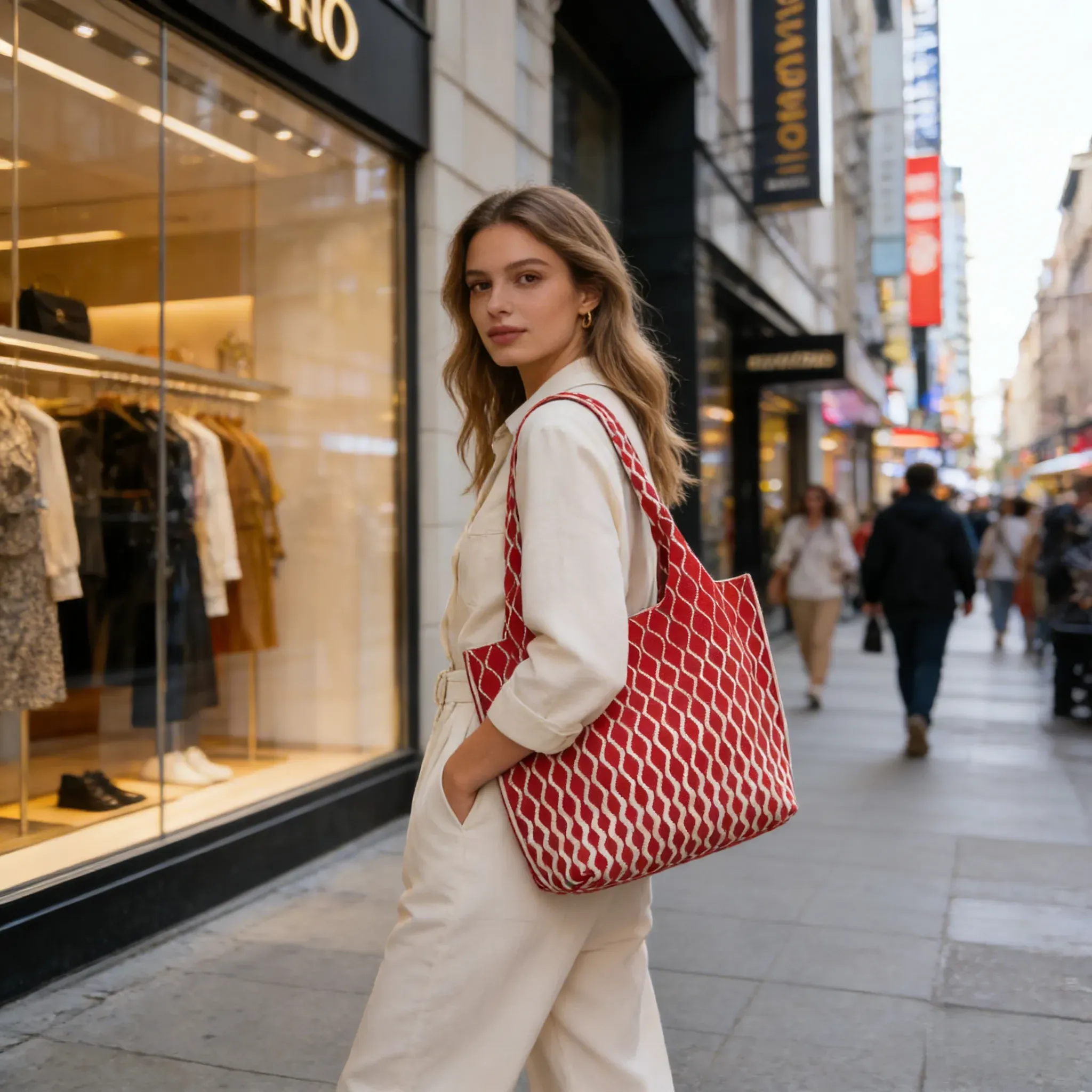 Eco-Friendly Fashionable & Durable Knitted Tote Bag with Geometric Pattern Reusable for Women - FS-014 - Detail